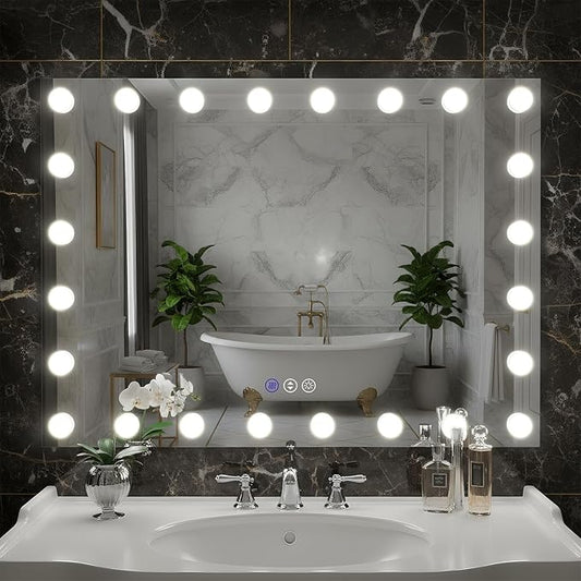 48x36 Hollywood Lighted Mirrors for Bathroom Wall, Smart Mirror for Bathroom with Dimmable LED Bulbs, 3 Color Temperatures, No Fog Mirror, Tempered Glass, Memory, Horizontal/Vertical