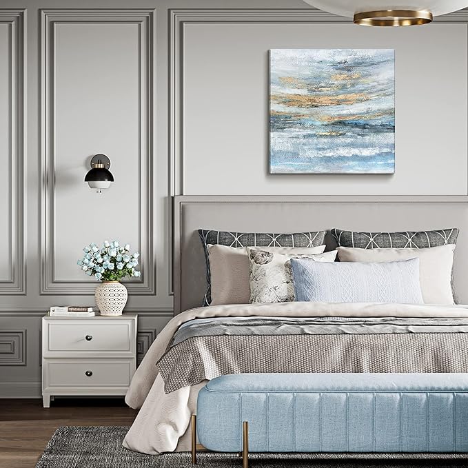 Abstract Canvas Wall Art Framed Light Blue Canvas Print Coastal Theme Artwork Modern Ocean Skyline and Sunset & Sunrise in the Seaside Large Sea Picture for Home Bedroom Decor 24x24inch