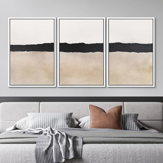 MUDECOR Framed Wall Art Print Set Minimalist Abstract Black Horizontal Brushstroke Illustrations Modern Art Boho Decorative Colorful Chic for Living Room, Bedroom, Office - 16"x24"x3 White