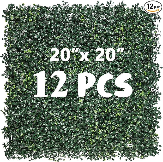 12PCS 20"x 20" Artificial Boxwood Wall Panels, UV-Anti Grass Wall Hedge Plant Panels for Indoor Outdoor Green Wall Decor Ivy Fence Covering Privacy