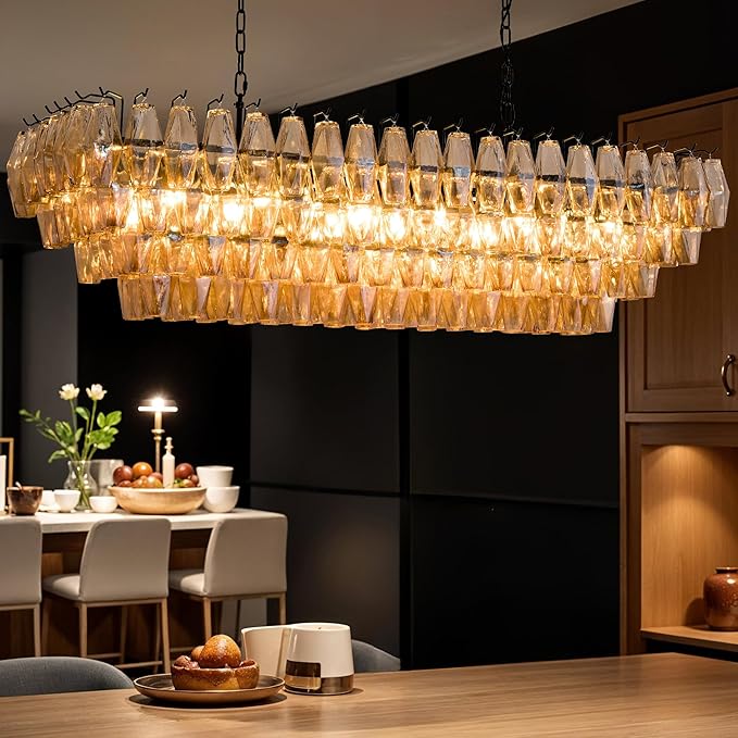 Large Chandelier, 54" Rectangular Drum Chandeliers for Dining Room, 12-Light Modern Round Kitchen Island Hanging Light Fixture for Living Room, Kitchen Island, Foyer- Black