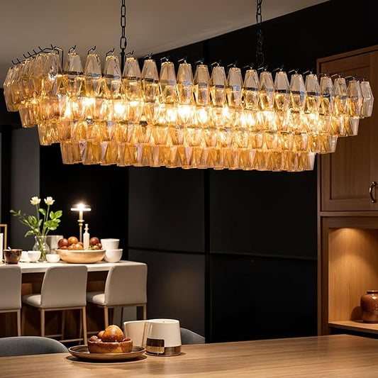 Large Chandelier, 54" Rectangular Drum Chandeliers for Dining Room, 12-Light Modern Round Kitchen Island Hanging Light Fixture for Living Room, Kitchen Island, Foyer- Black