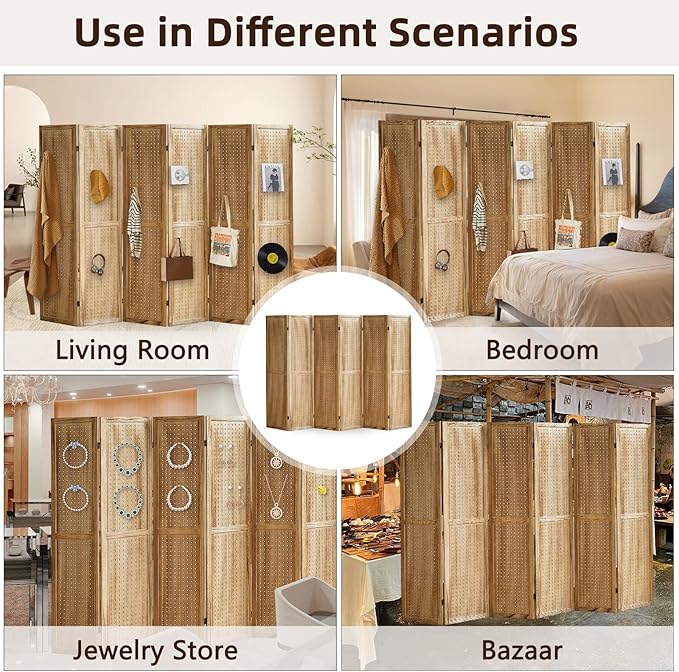 6 Panel Pegboard Display with 24 Hooks, Pegboard Room Divider and Folding Privacy Screens, Partition Room dividers, Wooden Room Divider Wall, Jewelry Store, Bedroom, Balcony, Light Brown