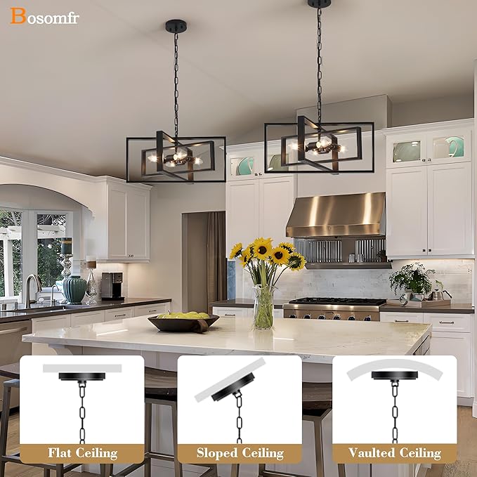 19.7'' Modern Chandelier 4-Light, Black Farmhouse Light Fixture Cross Chandeliers for Dining Room Living Kitchen Island Bedroom Living,Rectangular Metal Industrial Hanging Ceiling Lighting