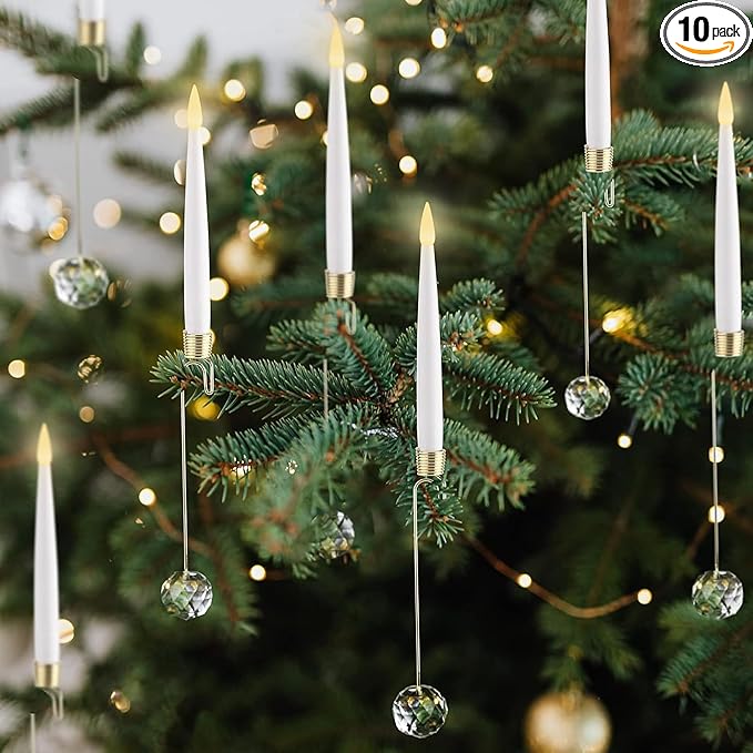 Christmas Tree Candles, 10 Pack Flameless Taper Candles for Christmas Tree Decor, Fake LED Candle Battery Operated with Remote for Xmas Wedding Home Gift with Crystal Ball Hook