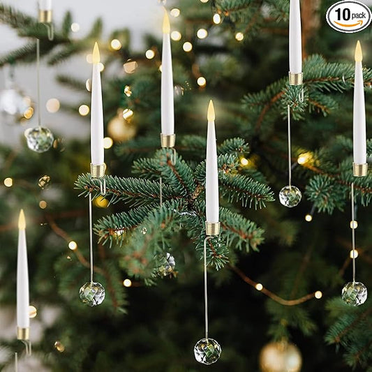 Christmas Tree Candles, 10 Pack Flameless Taper Candles for Christmas Tree Decor, Fake LED Candle Battery Operated with Remote for Xmas Wedding Home Gift with Crystal Ball Hook