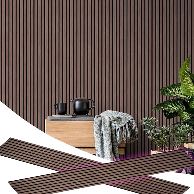 2 Piece Wood Slat Acoustic Panels for Stylish Decor and Noise Reduction, 3D Textured Panel for Ceiling and Wall - JK Walnut (94.5 L x 12.6 W in)
