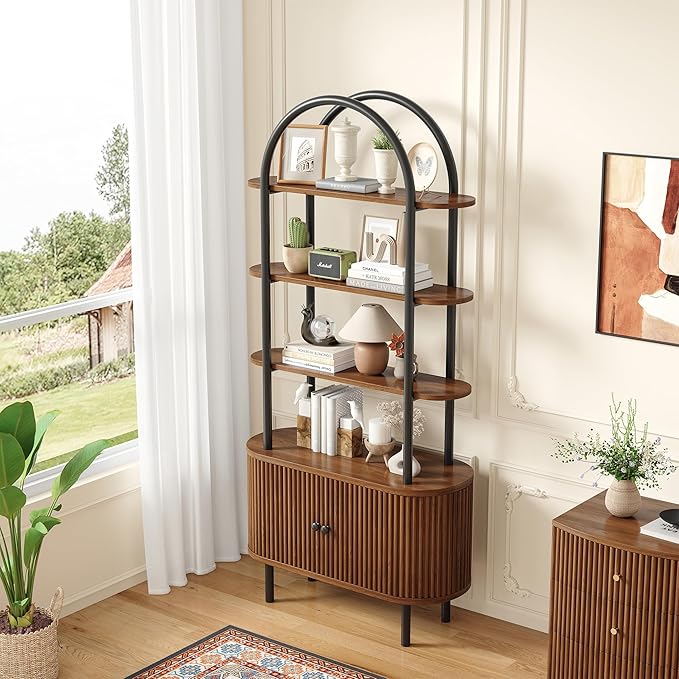 71" Tall Bookshelf, Bookcase, 4-Tier Book Shelf with Storage Cabinet, Curved Metal Frame Bookcase, Freestanding Industrial Storage Display Shelving for Living Room Office Bedroom, Walnut