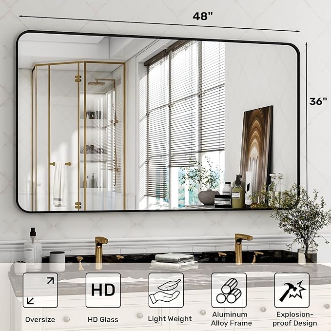 48"x36" Black Bathroom Mirror - Modern Black Mirror for Wall with Rounded Corners, Bathroom Mirrors for Vanity, Aluminum Alloy Framed Mirror Portrait or Landscape Hang, Horizontal or Vertical
