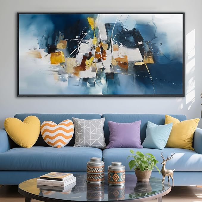 Abstract Canvas Wall Art Navy Blue Wall Art for Living Room Framed Modern Artwork for Walls, Above Bed Wall Decor Navy and Gold for Bedroom and Living Room Office Pictures Wall Decor 29×58IN