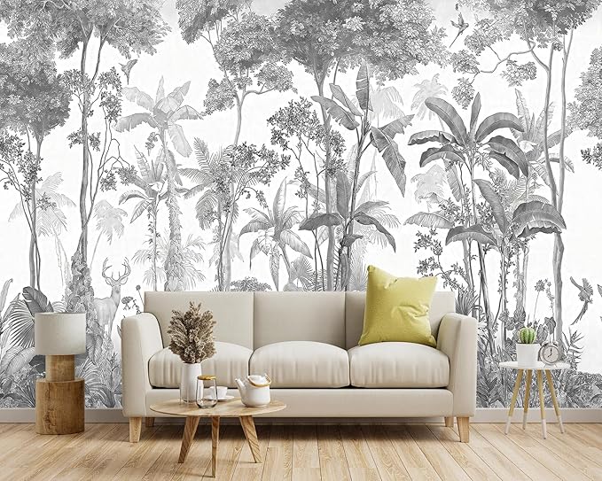 -Grey Jungle Botanical Animal Banana Leaf Fabric Wallpaper Living Room Tropical Plant Forest Leaf Wallpaper Bedroom Bathroom Large Wall Mural- 137"x96"（ not Peel and Stick）
