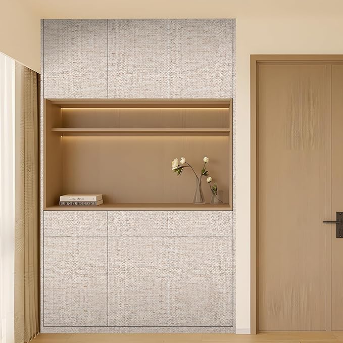 Beige Grasscloth Wallpaper Peel and Stick Contact Paper 15.75inchx118.11inch Self-Adhesive Removable Wallpaper Thicker Waterproof Fabric Textured Wall Paper for Bedroom Cabinets Covering