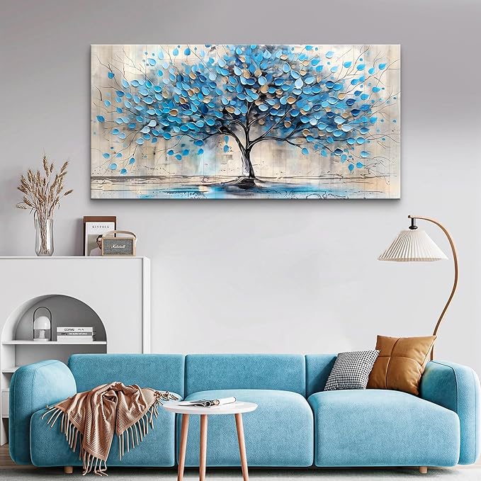 Lapremoly Textured Abstract Wall Pictures Artwork Wall Decor For Living Room Framed Canvas Wall Art For Bedroom Office Decor Blue Tree Paintings Panoramic Landscape Prints Home Decor Ready to Hang
