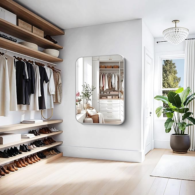 KOCUUY Silver Bathroom Mirror, 48x36 Inch Large Bathroom Mirror for Over Sink, HD Tempered Glass, Anti-Rust Brushed Silver Frame, Rounded Corner Modern Design for Bathroom, Hang Horizontal/Vertical