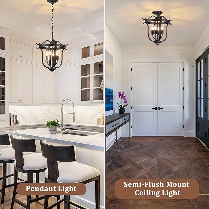 Black Chandelier Farmhouse Cage Pendant Light E12 4 Light Ceiling Light Fixtures Vintage Chandeliers for Dining Room Kitchen Entryway Hallway Foyer