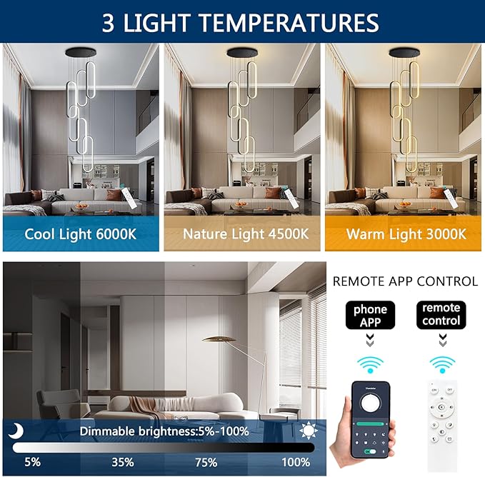 6 Rings Modern Chandelier LED Dimmable Flush Mount Ceiling Light for Foyer Living Room Staircaes Black