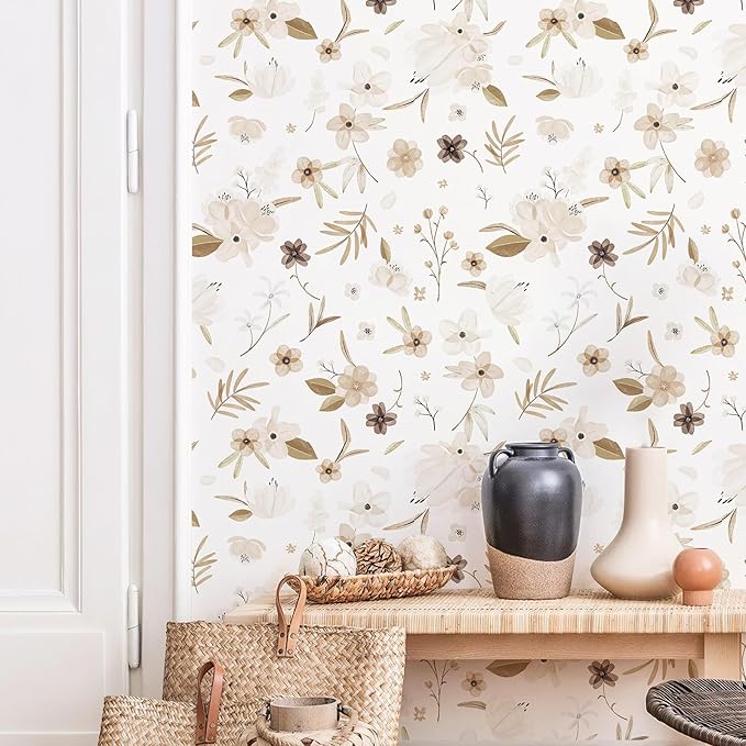 17.3"x236" Warm White Peel and Stick Wallpaper Autumn Brown Floral and Leaf Contact Paper Self Adhesive Removable Waterproof Wall Paper for Living Room Wall Decor