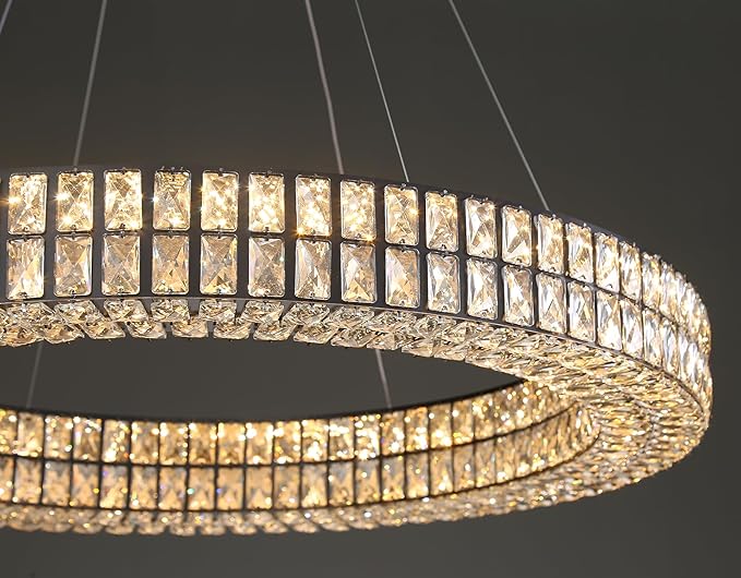 Modern 32 inch Black Led Ring Chandelier Dimmable Crystal Chandelier for Living Room Dining Room Adjustable Ring Pendant Light