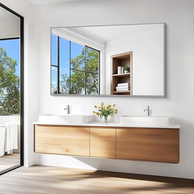KOCUUY Silver Bathroom Mirror, 60"x36" Large Rectangle Bathroom Mirror for Wall, HD Tempered Glass, Anti-Rust Brushed Silver Frame, Modern Design for Bathroom, Bedroom, Hang Horizontal/Vertical