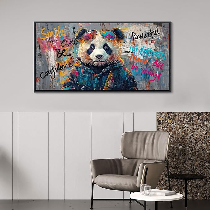 JEAWA Graffiti Abstract Wall Art, Cute Panda Street Cool Pop Framed Canvas Animal Paintings for Living Room Bedroom Bathroom Teenage Boy Game Room Inspirational Picture Wall Decor 20x40 IN