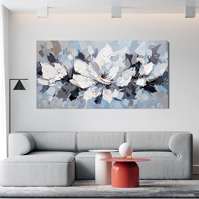 Abstract Canvas Wall Art Decor Large White Wall Art for Living Room Abstract Canvas Art Wall Decor Flower Pictures Oversized Blue Wall Art Prints Artwork for Walls Bedroom Office Decor 29" X58"