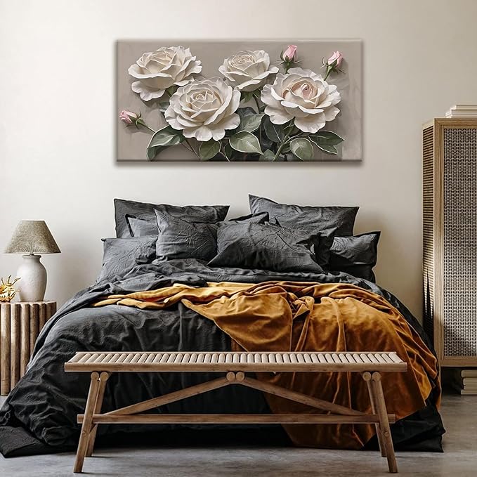 Canvas Art Wall Decor Pink White Floral Wall Art For Living Room Modern Canvas Wall Decor Prints Pictures For Wall White Flower Wall Art For Hotel Artwork 24x48 Inch