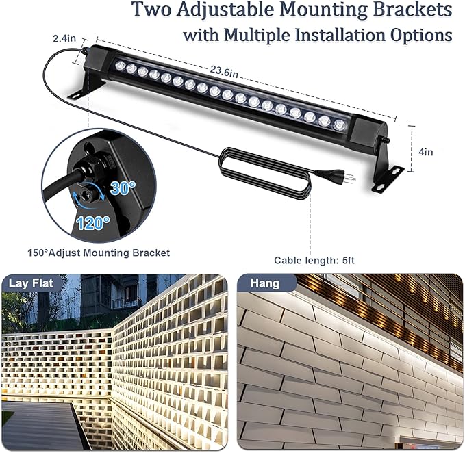 36W LED Wall Washer Light Bars, 2FT 5000K Daylight White Outdoor Wall Washer Light, 120V Waterproof IP67 Wall Washer Lights for Outdoor, Plug in (2 Pack)