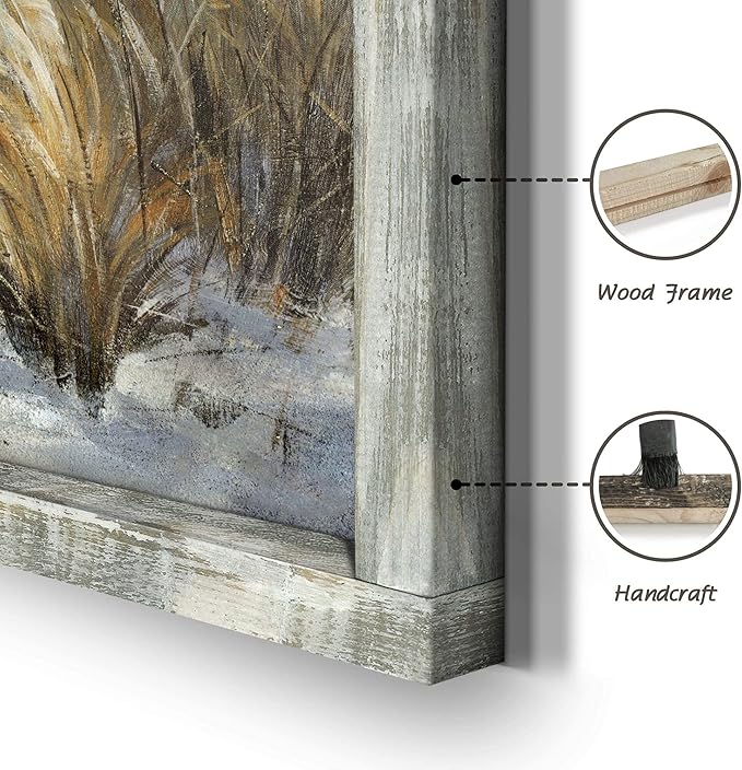 Beach Framed Wooden Wall Art: Coastal Oil Painting Style 40"x20" Ocean Pictures Seascape Art Prints Sand Dunes & Sailboat Artwork for Office