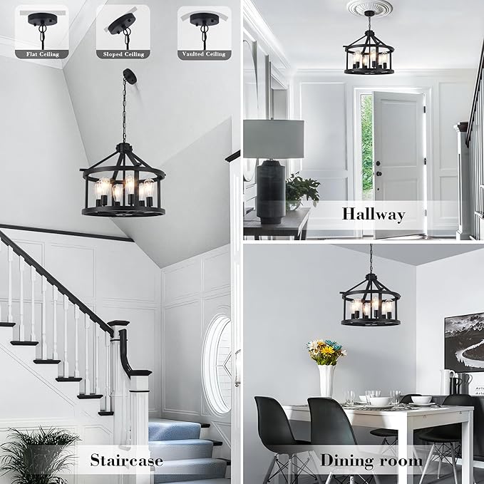 21.5'' Large Black Chandeliers Farmhouse Light Fixtures Vintage Rustic Cage Pendant Light Kitchen Island for Dining Room Foyer Entryway Living Room