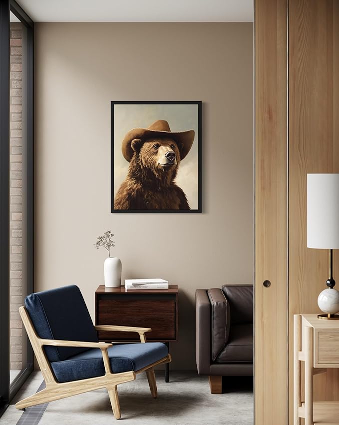 Brown Bear Cowboy Art Print Poster Wall Art, Western Country Farmhouse Wild West for Bedroom, Bathroom, Living Room Art Decor 58 (Brown Bear, 8 x 10 inches, Black Frame)