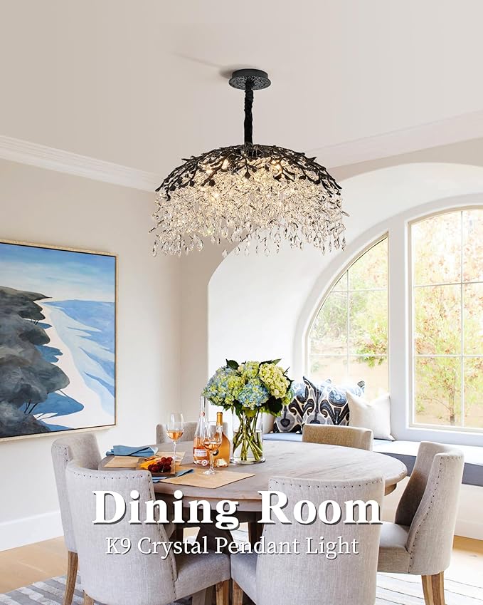 Modern Crystal Chandelier for Dining Room, 31.5" 10-Light Black Tree Branch Chandeliers, Luxury K9 Crystal Rectangular Chandeliers for Kitchen Island Living Room