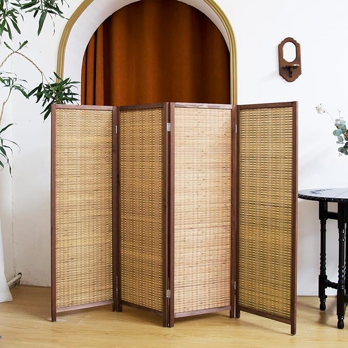 4 Panel Short Panel Divider Screen,3.95 FT Tall Bamboo Room Divider Folding Privacy Screen,Short Panel Divider Freestanding Room Divider for Room Seperation,Brown