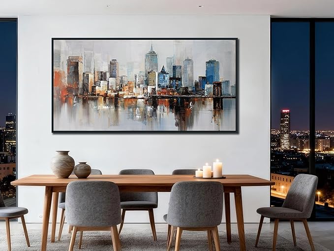 Arjun Brooklyn Bridge Wall Art Modern New York Abstract Canvas Cityscape Painting Colorful NYC Skyline Textured Picture for Living Room Bedroom Home Office Wall Decor, Large Black Wood Framed 48"x24"
