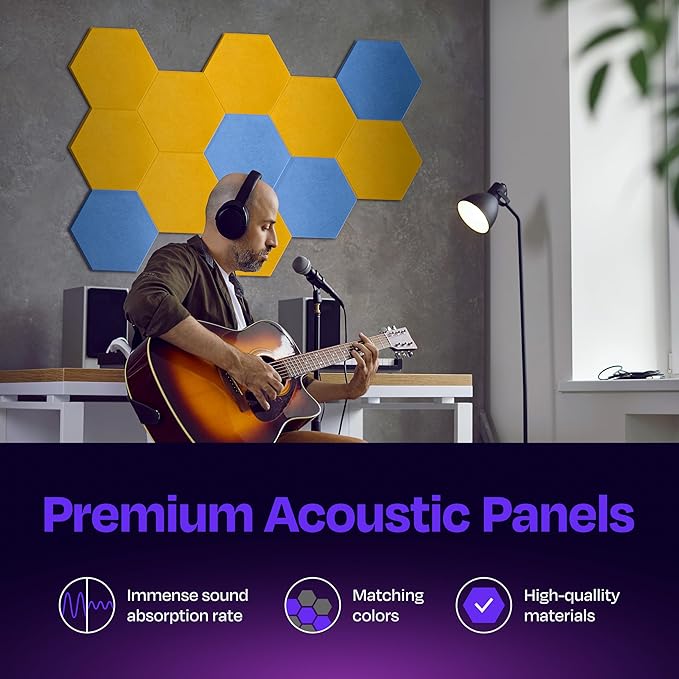 Acoustic Panels 12-Pack Soundproof Wall Panels 12"X10.4"X0.4" Sound Panels High Density Sound Dampening Panels - [Yellow Orange Gold Hexagon]