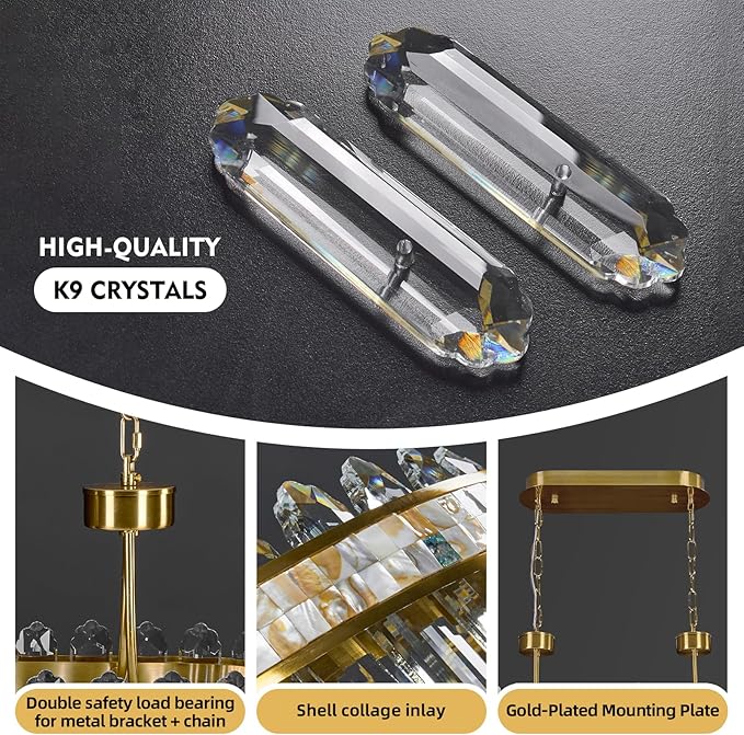 Modern Rectangle Led Crystal Chandelier for Dining Room - L31.5'' Gold 3 Color Stepless Dimmable Oval Chandelier,Luxury Long Linear Chandeliers for Living Room Kitchen Island with Remote Control