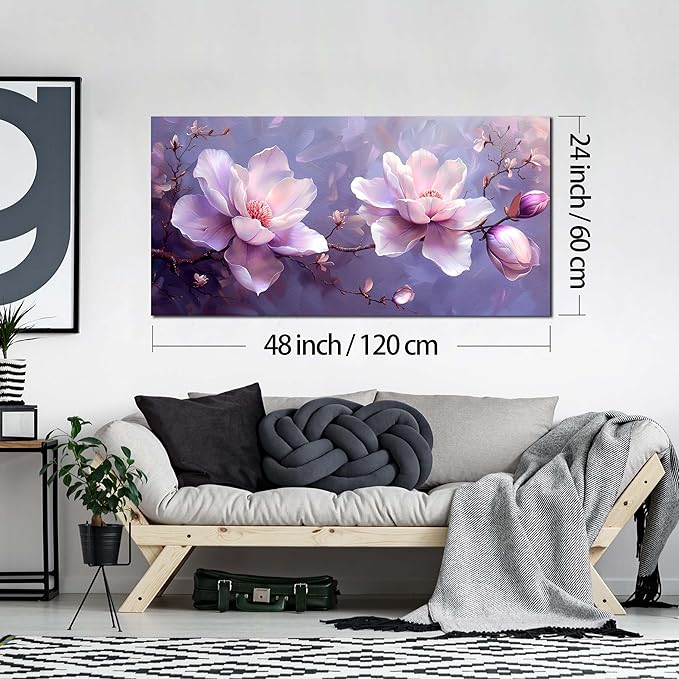 ANCXWOTER Botanical Wall Art Pink Purple Flower Artwork Modern Floral Canvas Prints for Living Room Bedroom Office Kitchen 24"x48"