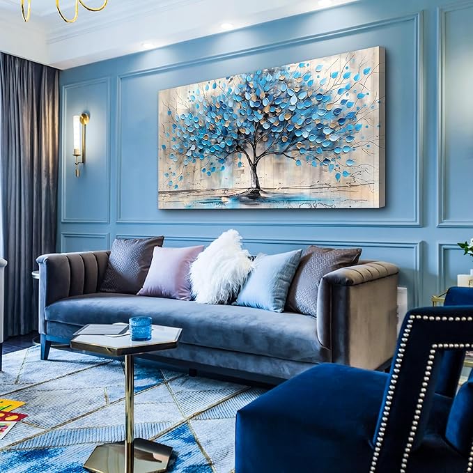 Lapremoly Large Wall Art For Living Room Framed Wall Decor For Bedroom Office Decor Textured Abstract Wall Pictures Artwork Blue Tree Painting Panoramic Landscape Prints Home Decorations 30x60 In