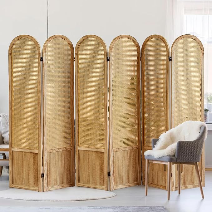 6 Panel Room Divider and Folding Privacy Screen, 5.6 Ft Foldable Double Hinged Rattan Partition, Hand-Woven Rattan Room Divider Portable Wood Freestanding Wall Divider for Room Separation - Natural