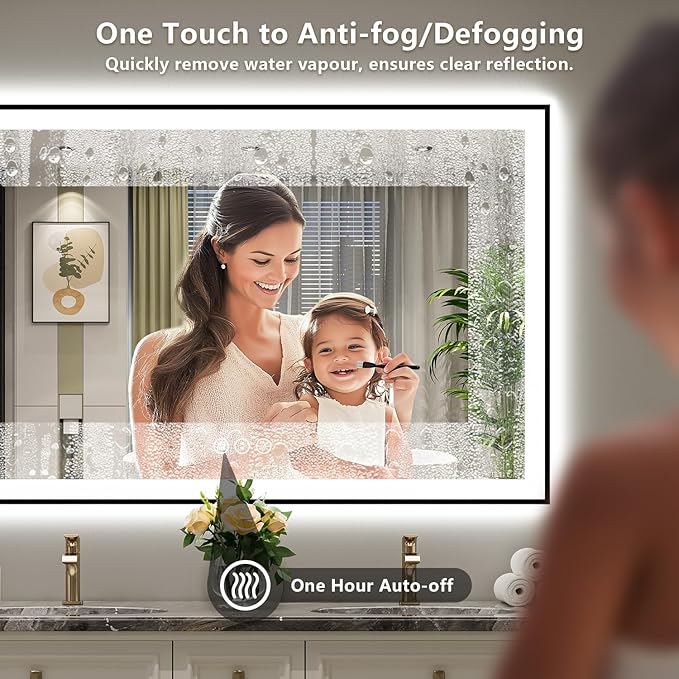 48x36 Inch LED Bathroom Mirror with Lights (Front Lit and Backlit) Black Framed Lighted Vanity Mirror for Bathroom Wall Dimmable Anti-Fog Memory Tempered Glass Horizontal/Vertical