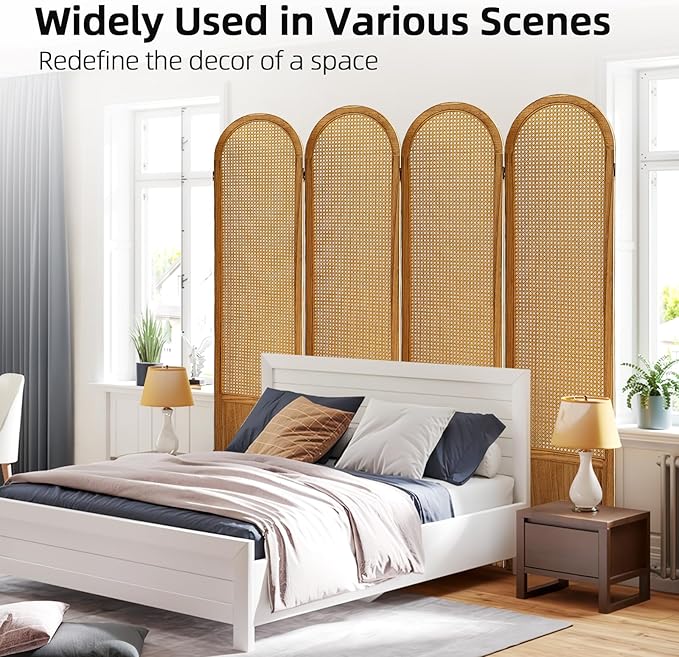 4 Panel Room Divider and Folding Privacy Screen, 5.6 Ft Foldable Double Hinged Rattan Partition, Hand-Woven Rattan Room Divider Portable Wood Freestanding Wall Divider for Room Separation - Natural