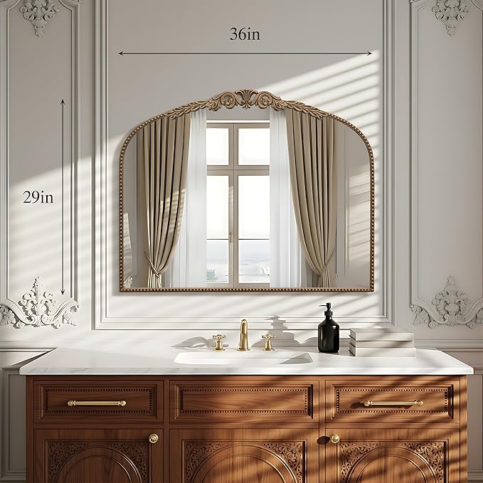 Large Gold Vintage Mirror: 29"x 36" French Baroque Bathroom Mirror - Traditional Ornate Antique Arched Mirrors for Wall/Dresser/Mantel/Bedroom/Entryway/Hallway - Home Decor for Living Room