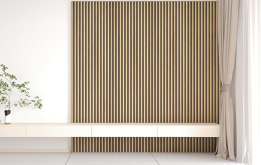 94" L x 24" W Acoustic Wood Wall Paneling, Decorative Sound Proof Panels for and Ceilings, 3D Slat Panels, Wood Slat Panels (Set of 10) (Light Walnut.)