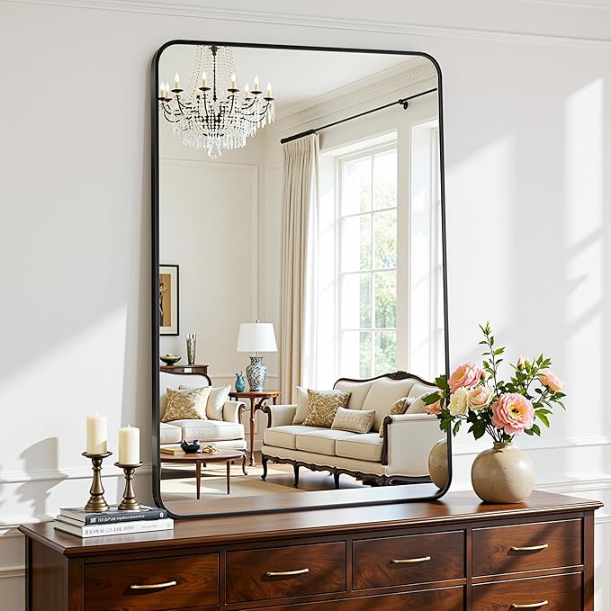 Antok Wall Mirror, 30"x48" Bathroom Vanity Mirror, Anti-Rust HD Tempered Glass, Wall Mounted Mirrors for Living Room, Entryway, Black Frame, Rect