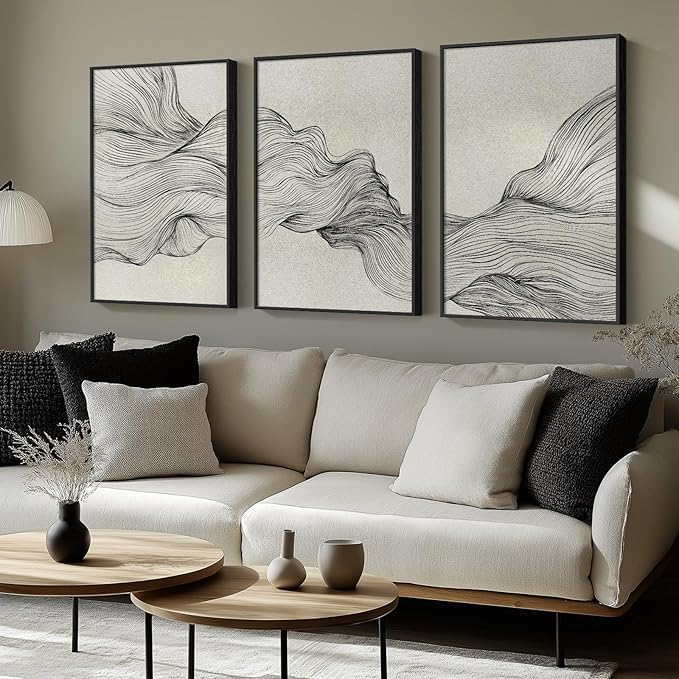 Large Framed Neutral Modern Abstract Wall Art, 3 Piece Black and Beige Canvas Prints Paintings Artwork for Walls, Minimalist Line Pictures for Living Room Hallway Office Wall Decor -Total 30x60 Inch