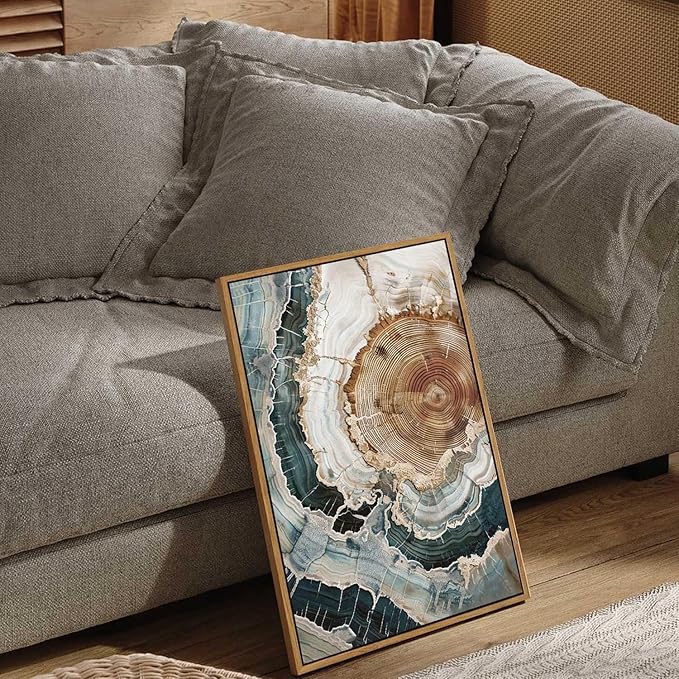 BingruiArt Framed Tree Ring Canvas Wall Art Abstract Wood Wall Decor Boho Modern Colorful Nature Painting Wood Stump Prints Pictures for Living Room Bedroom Bathroom Office 16"x24" Natural Framed(06)