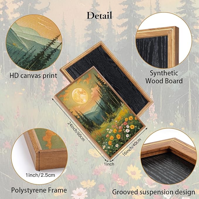 CHDITB Moonlit Forest Floral Framed Canvas Wall Art Set, Nature Inspired Wall Decor, Mystical Midnight Spiritual Wall Painting, Vintage Mountain Landscape Art Prints for Living Room, Bedroom, 16"x24"