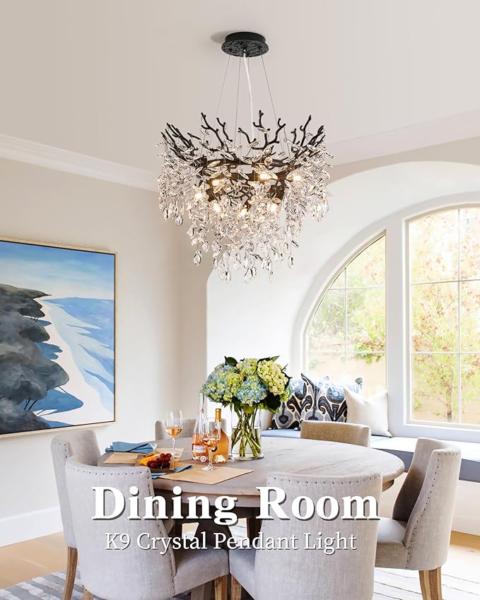 Modern Crystal Chandelier for Dining Room, 23.62" Black Tree Branch Chandeliers, 8-Light Luxury K9 Crystal Round Chandeliers for Kitchen Island Living Room