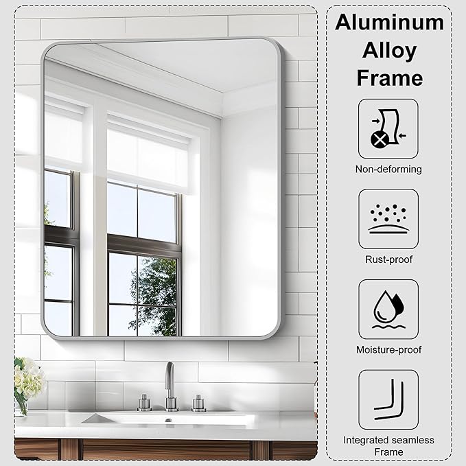 KOCUUY Silver Bathroom Mirror, 30x36 Inch Bathroom Mirror for Over Sink, HD Tempered Glass, Anti-Rust Brushed Silver Frame, Rounded Corner Modern Design for Bathroom, Hang Horizontal/Vertical