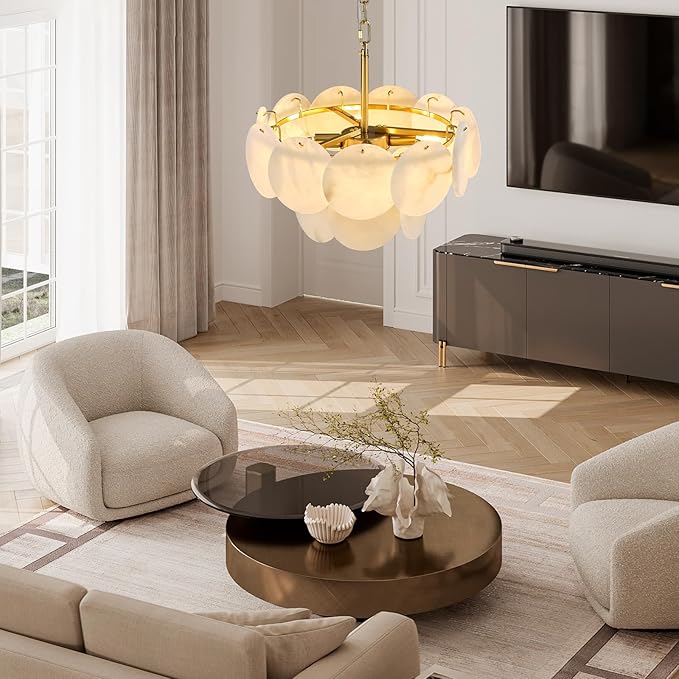 Alabaster Round Chandelier, 18.1" Natural Spanish Marble Stone Texture Chandeliers, 4-Light Dimmable Alabaster Chandelier, Modern Luxury Lighting for Living Room, Bedroom, Hallway