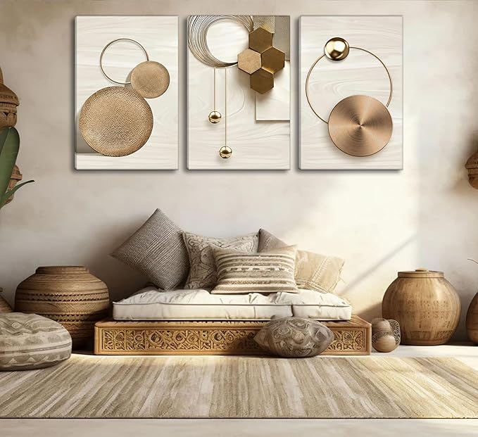 3 Pcs Abstract Gold Geometric Boho Canvas Wall Art Mid Century Modern Minimalist Aesthetic Luxury Metal Artwork Pictures Wall Decor Posters Prints for Living room Bedroom Office Home Decoration